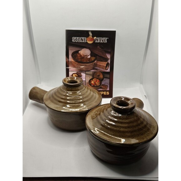 Stone Wave Microwave Cooker Set of 2 w/ Lids, 18 Recipe Book Ceramic Stoneware - Picture 1 of 15
